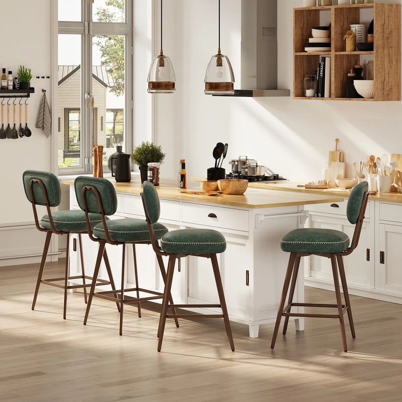 MALOL PU Leather Breakfast Bar Stools Set of 4, Swivel Kitchen Bar Chairs with Backrest and Metal Legs, Modern Barstools Counter with Anti-Slip Pads for Kitchen Island, Dining Room, Green