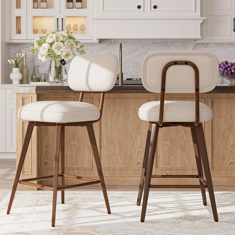 MALOL PU Leather Breakfast Bar Stools Set of 2, Swivel Kitchen Bar Chairs with Backrest and Metal Legs, Modern Barstools Counter with Anti-Slip Pads for Kitchen Island, Dining Room, Beige - Image 1