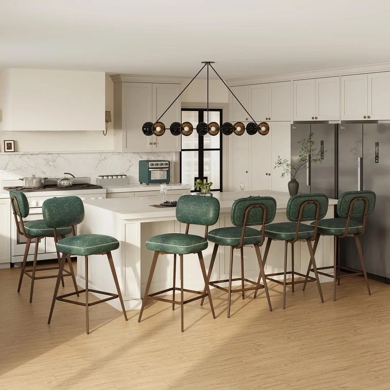 MALOL PU Leather Breakfast Bar Stools Set of 6, Swivel Kitchen Bar Chairs with Backrest and Metal Legs, Modern Barstools Counter with Anti-Slip Pads for Kitchen Island, Dining Room, Green