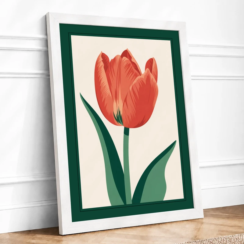 Single Tulip Botanical Framed Wall Art Print A1 (84.1×59.4cm) White, Wall Decor for Living Room, Bedroom, Office & Home, Ready to Hang, Art Gift