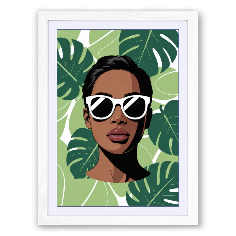Portrait in Tropical Leaves Modern Framed Wall Art Print A1 (84.1×59.4cm) White, Wall Decor for Living Room, Bedroom, Office & Home, Ready to Hang, Art Gift