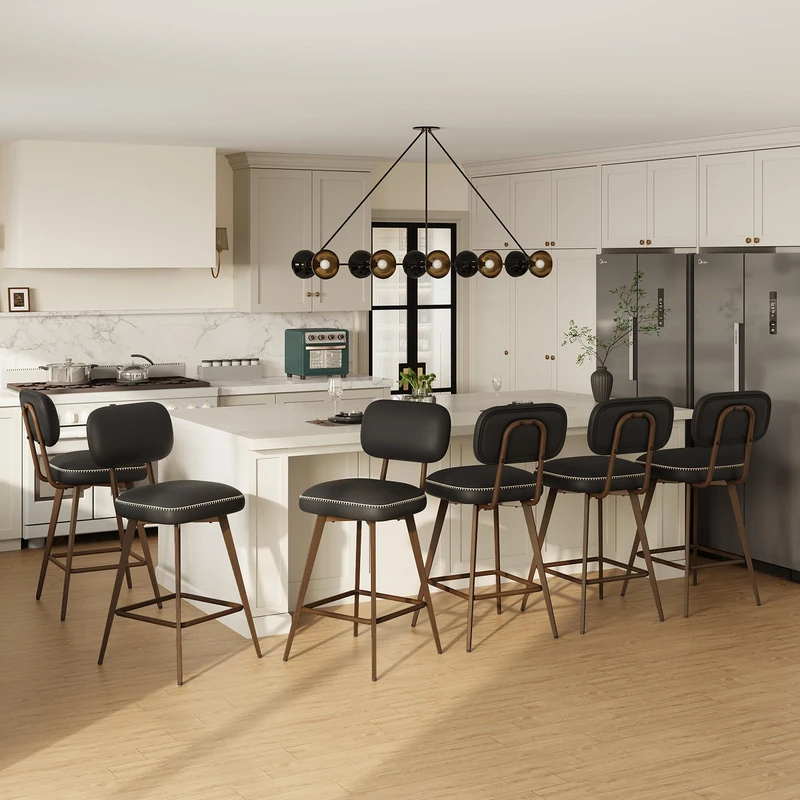 MALOL PU Leather Breakfast Bar Stools Set of 6, Swivel Kitchen Bar Chairs with Backrest and Metal Legs, Modern Barstools Counter with Anti-Slip Pads for Kitchen Island, Dining Room, Black