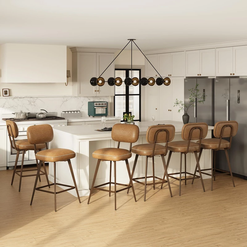 MALOL PU Leather Breakfast Bar Stools Set of 6, Swivel Kitchen Bar Chairs with Backrest and Metal Legs, Modern Barstools Counter with Anti-Slip Pads for Kitchen Island, Dining Room, Brown
