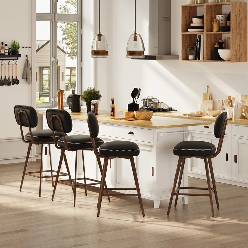 MALOL PU Leather Breakfast Bar Stools Set of 4, Swivel Kitchen Bar Chairs with Backrest and Metal Legs, Modern Barstools Counter with Anti-Slip Pads for Kitchen Island, Dining Room, Black