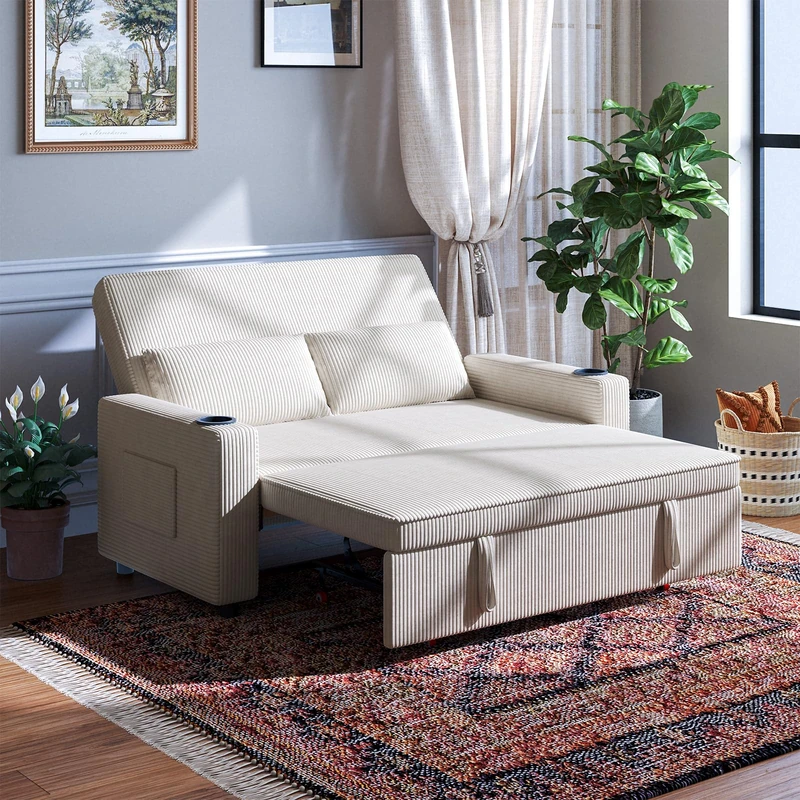 JUMMICO 62.99" Pull Out Sofa Bed with Adjustable Backrest Sleeper Sofa 2 Seater Convertible Small Couches Modern Corduroy Fabric For Living Room Bedroom,Beige
