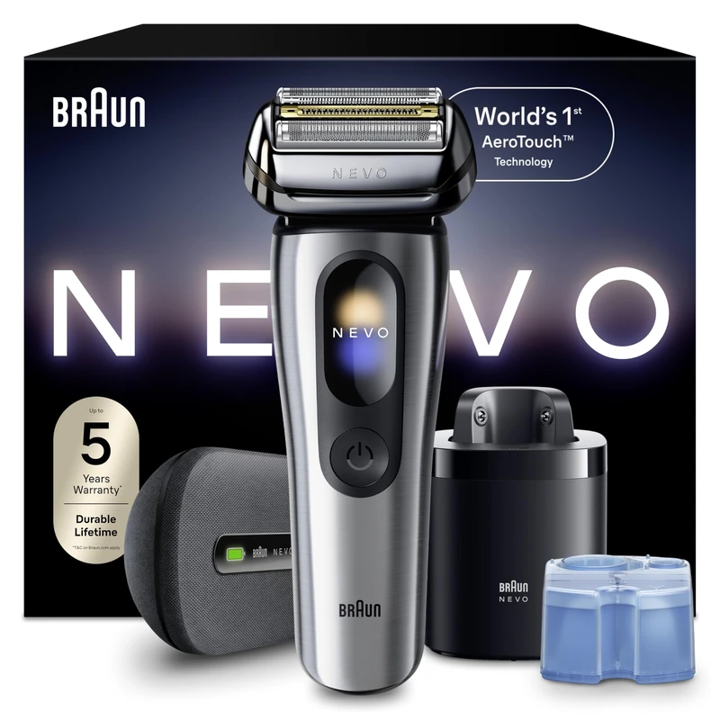 Braun NEVO Men’s Electric Shaver with AeroTouch Technology for A No Compromise Shave. Smart Display. Includes Care 7in1 System, Power Travel Case, NEVO17000C, Silver