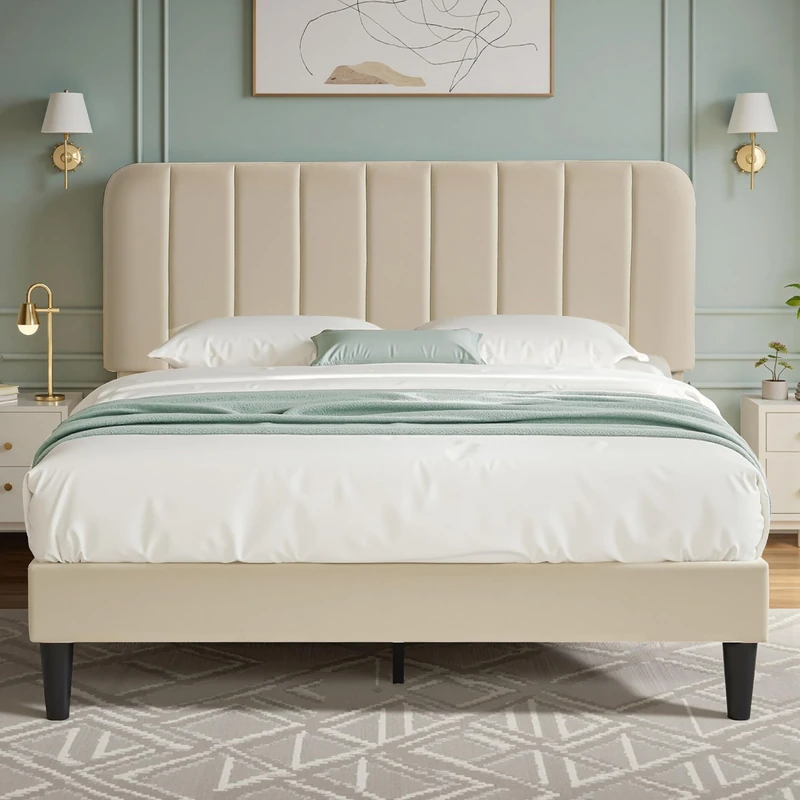 VECELO Upholstered Double Bed Frame with Velvet Headboard, 135 × 190 cm Platform Bed with Wooden Slats Support, Noise Free, No Box Spring Needed, Easy Assembly, Beige