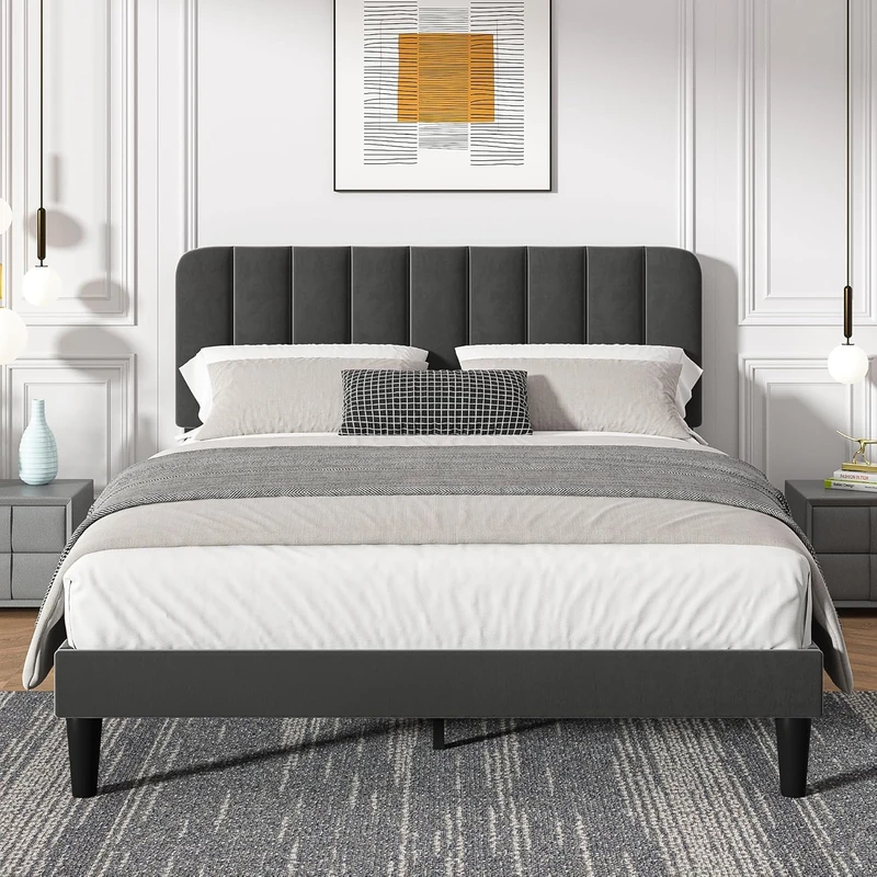 VECELO Upholstered Double Bed Frame with Velvet Headboard, 135 × 190 cm Platform Bed with Wooden Slats Support, Noise Free, No Box Spring Needed, Easy Assembly, Grey