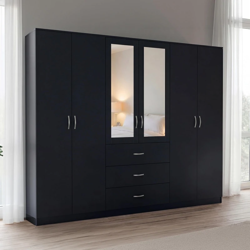 Vida Designs Riano 6 Door 3 Drawer Mirrored Wardrobe | Black | Bedroom Furniture | 175H x 230W x 54D cm | With Storage Shelf & Hanging Rail | Large Capacity Storage