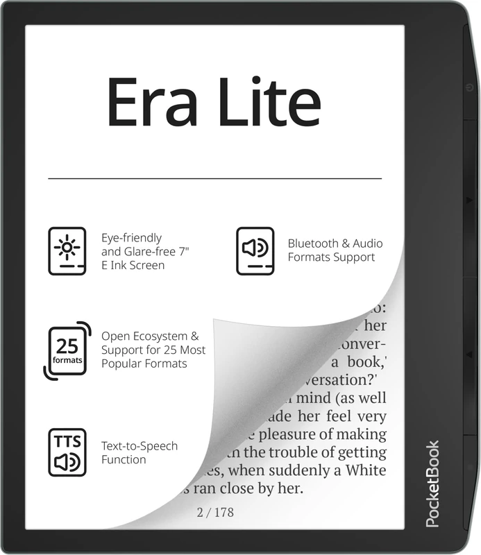 Pocketbook Era Lite E‑Reader, 7 Inch E‑Ink Carta 1300 Display, 16 GB, IPX4, Bluetooth, SMARTlight, Stone Green - DE/AT/CH Version
