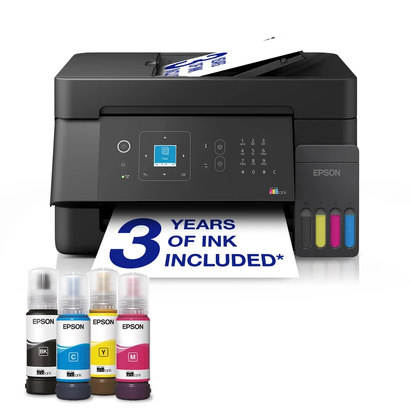 Epson EcoTank ET-4900 | Home & Small Office Use | Wi-Fi & Ethernet | A4 | Print, Copy, Scan, Fax | LCD screen | 30-Page Auto Document Feeder | Compact | Includes Up To 3 Years of Ink