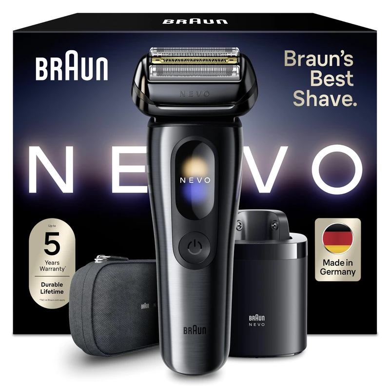 Braun NEVO Men’s Electric Shaver with AeroTouch Technology for A No Compromise Shave. Smart Display. Includes Care 7in1 System, Travel Case, NEVO11015C, Graphite