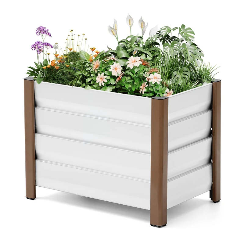 GarveeHome Large Galvanised Steel Raised Square Vegetable Garden Planter with 4 Feet and Drainage Holes, Durable & Rustproof, Raised Tub/Garden Bed for Garden, Terrace, Balcony (60 x 40 x 45 cm, White
