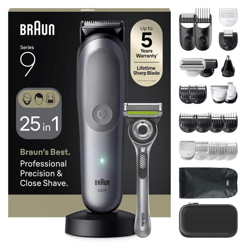 Braun All-in-One Series 9 Grooming Kit, 25in1, ProBlade, BodyGentle Mode, 120 Min, SmoothShave, SkinGuard, AquaGrip for Under Water Use, Gillette Labs, AIO9565, Grey
