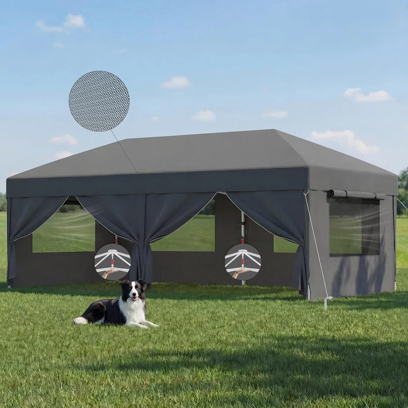 JUMMICO 3x6m Pop Up Gazebo with Side Panels, UPF50+ UV Protection Waterproof Windproof Canopy with Insect Mesh, 3-Min Tool-Free Setup, 3-Level Adjustable Height for Patio Camping Wedding - Dark Grey