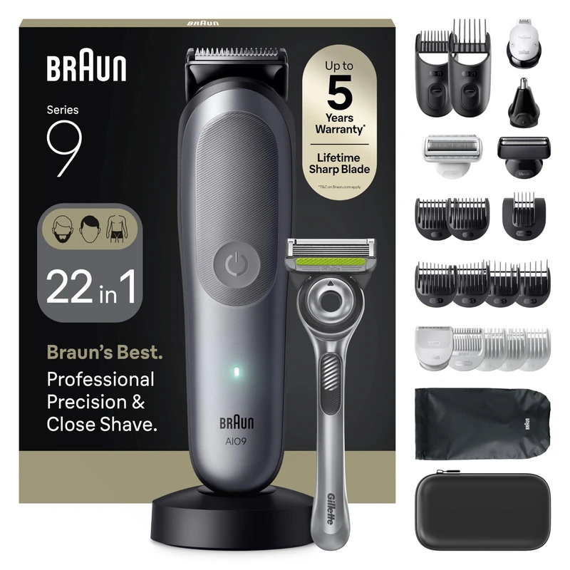 Braun All-in-One Series 9 Grooming Kit, 22in1, ProBlade, BodyGentle Mode, 120 Min, SmoothShave, SkinGuard, AquaGrip for Under Water Use, Gillette Labs, AIO9545, Grey