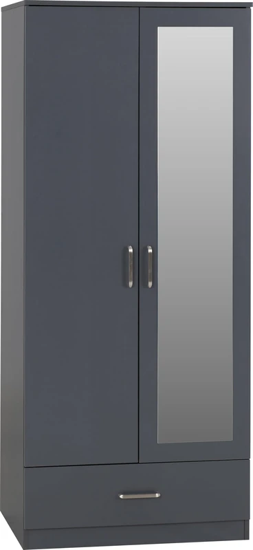 Seconique Dakota 2 Door 1 Drawer Mirrored Wardrobe In Dark Grey