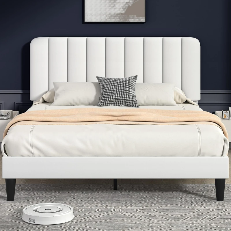 VECELO Upholstered Double Bed Frame with Velvet Headboard, 135 × 190 cm Platform Bed with Wooden Slats Support, Noise Free, No Box Spring Needed, Easy Assembly, White