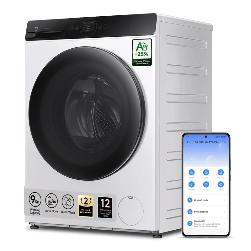 Xiaomi Mijia Front Load Washer Dryer Pro 9kg, 1400 RPM, Direct Drive Motor, Dual Auto-Dose, Quick Wash, Steam Refresh Care, 14 Programmes, Smart Control, White, A-D Rated