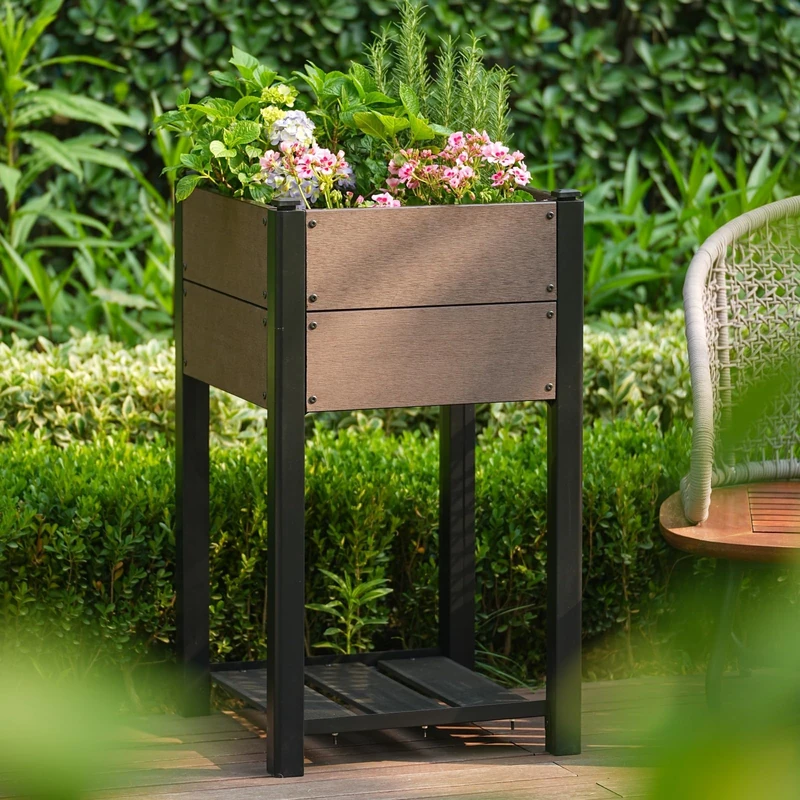 Raised Wooden Planter with Low Shelf, Raised Vegetable Garden with 4 Steel Feet, Drainage Holes, Durable and Rust-Proof, Raised Tub/Square Vegetable Garden for Garden, Terrace, Balcony (50 x 85 x 50