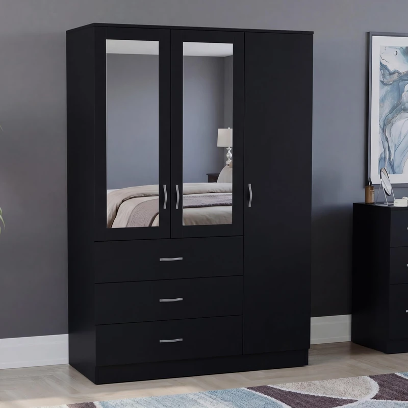 Vida Designs Riano 3 Door 3 Drawer Mirrored Wardrobe | Black | Bedroom Furniture | 175H x 116W x 54D cm | With Storage Shelf & Hanging Rail | Large Capacity Storage