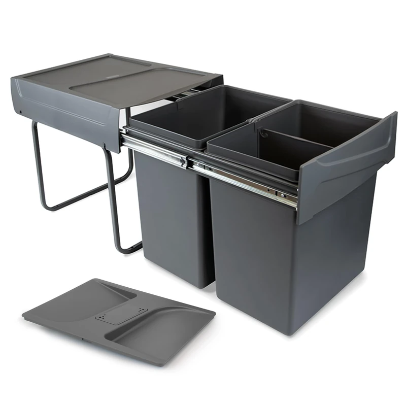 Emuca - Recycling bin for lower mounting and manual pull-out in kitchen unit 2x20litres, Anthracite grey Plastic