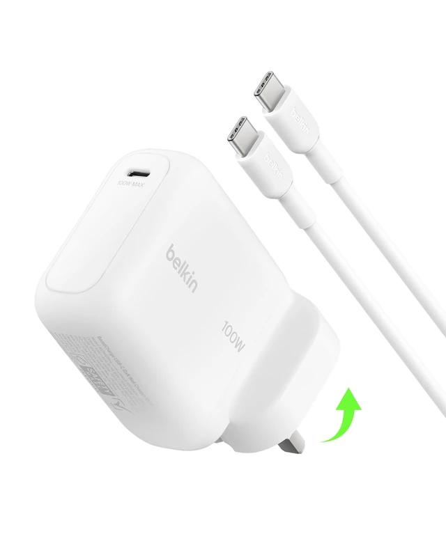 Belkin BoostCharge USB C Plug Charger 100W, GaN Compact and Foldable Plug Charger, Fast Charging for iPhone 17, Samsung Galaxy S26, Pixel 10, Tablet, MacBook - 1.5m USB C Cable Included - White