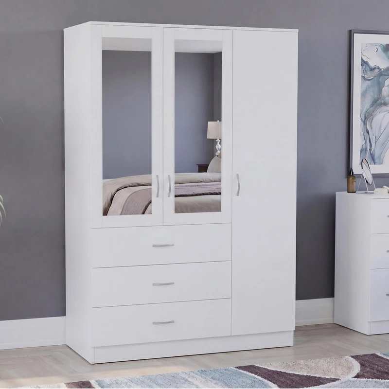 Vida Designs 3 Door 3 Drawer Mirrored Wardrobe | White | Bedroom Furniture | 175H x 116W x 54D cm | With Storage Shelf & Hanging Rail | Large Capacity Storage - Image 1