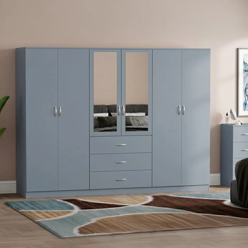 Vida Designs 6 Door 3 Drawer Mirrored Wardrobe | Grey | Bedroom Furniture | 175H x 230W x 54D cm | With Storage Shelf & Hanging Rail | Large Capacity Storage