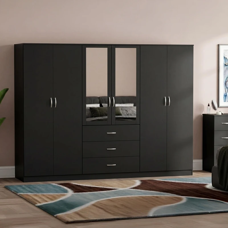 Vida Designs 6 Door 3 Drawer Mirrored Wardrobe | Black | Bedroom Furniture | 175H x 230W x 54D cm | With Storage Shelf & Hanging Rail | Large Capacity Storage