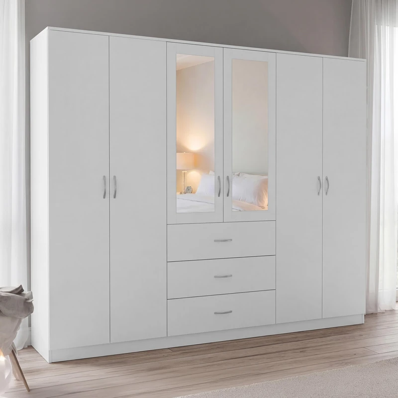 Vida Designs Riano 6 Door 3 Drawer Mirrored Wardrobe | White | Bedroom Furniture | 175H x 230W x 54D cm | With Storage Shelf & Hanging Rail | Large Capacity Storage
