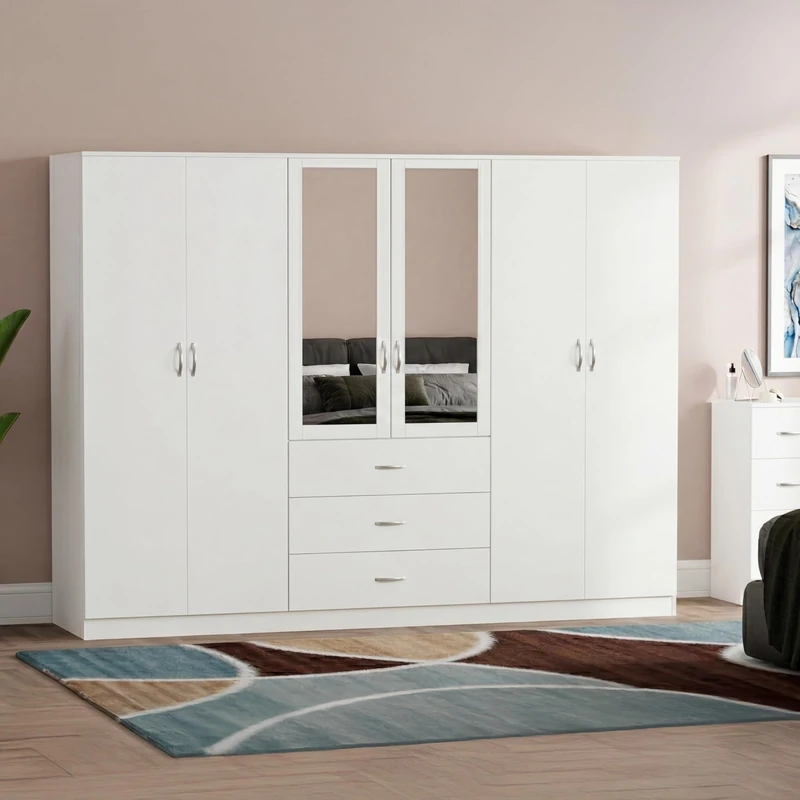 Vida Designs 6 Door 3 Drawer Mirrored Wardrobe | White | Bedroom Furniture | 175H x 230W x 54D cm | With Storage Shelf & Hanging Rail | Large Capacity Storage