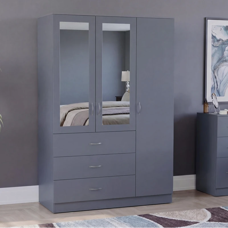 Vida Designs Riano 3 Door 3 Drawer Mirrored Wardrobe | Grey | Bedroom Furniture | 175H x 116W x 54D cm | With Storage Shelf & Hanging Rail | Large Capacity Storage