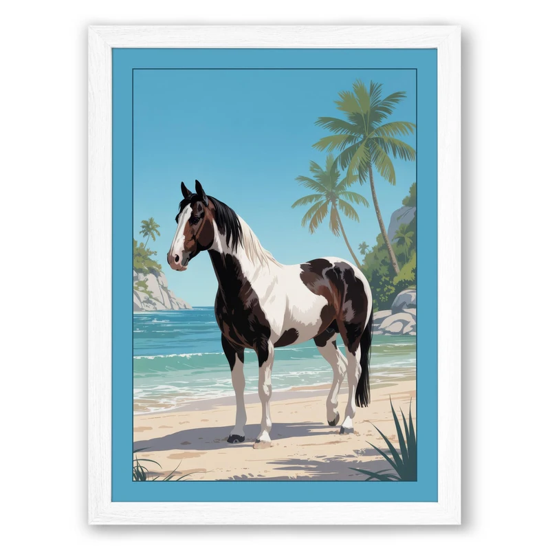 Horse on Tropical Shore Coastal Framed Wall Art Print A1 (84.1×59.4cm) White, Wall Decor for Living Room, Bedroom, Office & Home, Ready to Hang, Art Gift