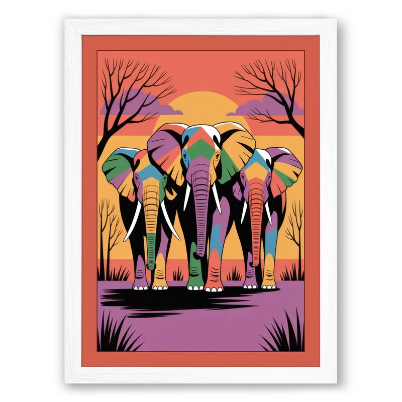 Elephants at Dusk Maximalist Framed Wall Art Print A1 (84.1×59.4cm) White, Wall Decor for Living Room, Bedroom, Office & Home, Ready to Hang, Art Gift - Image 1