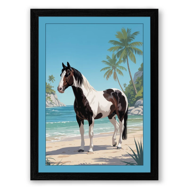 Horse on Tropical Shore Coastal Framed Wall Art Print A1 (84.1×59.4cm) Black, Wall Decor for Living Room, Bedroom, Office & Home, Ready to Hang, Art Gift - Image 1