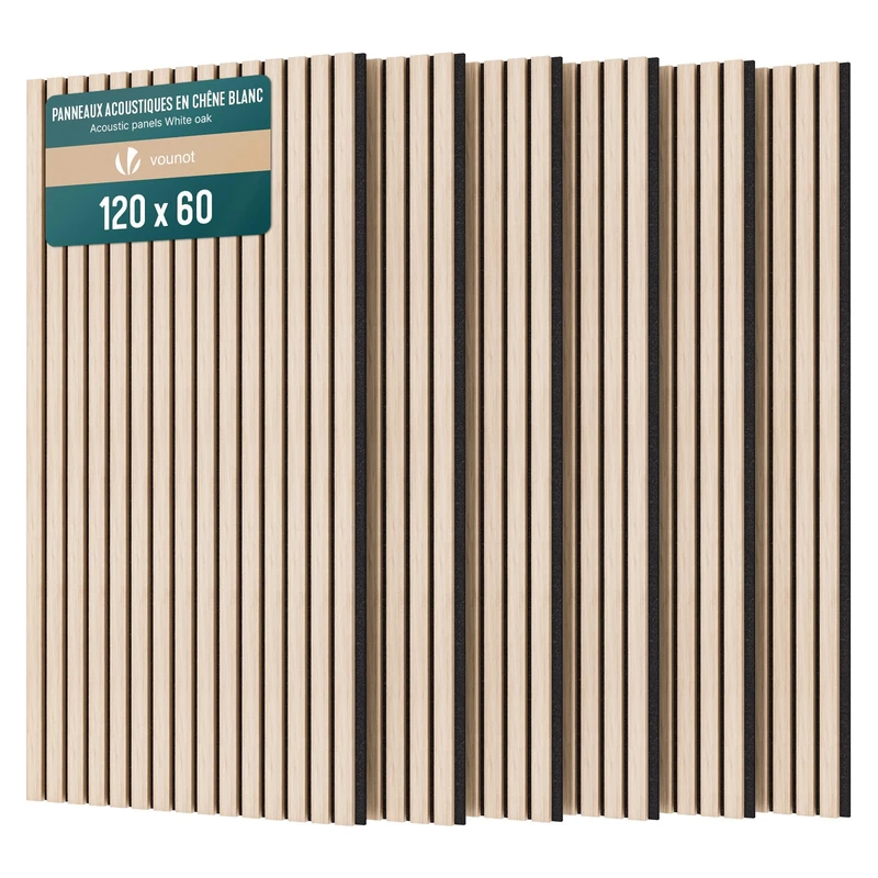 VOUNOT® Wooden Slat Acoustic Wall Panels 6 Pack 120x60 cm, Sound Absorbing Decorative Wood Panelling for Living Room, Bedroom & Office, White Oak