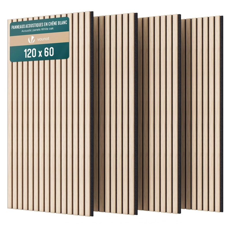 VOUNOT® Wooden Slat Acoustic Wall Panels 4 Pack 120x60 cm, Sound Absorbing Decorative Wood Panelling for Living Room, Bedroom & Office, White Oak