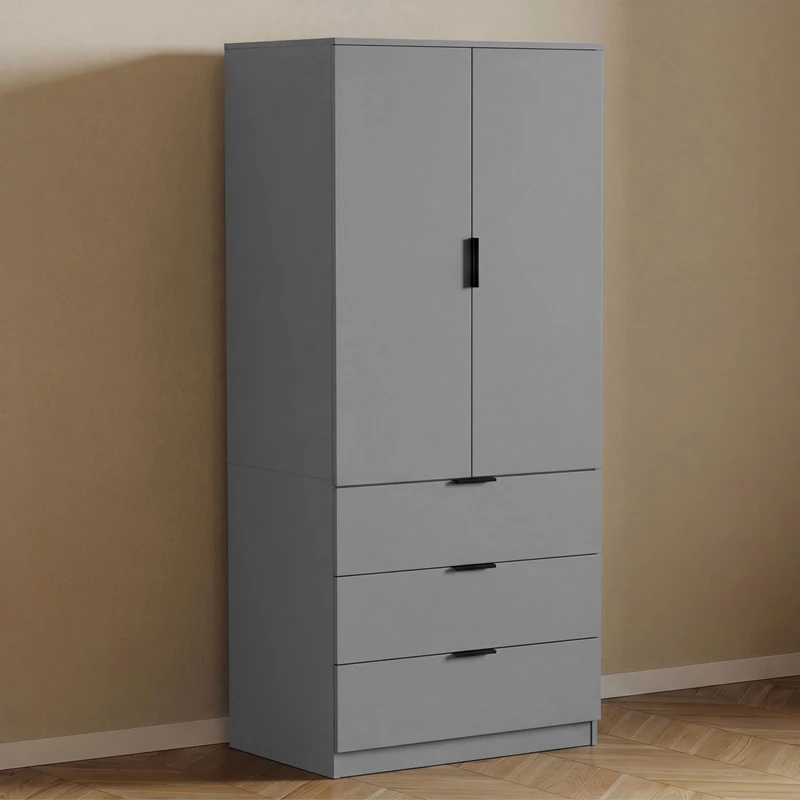 Vida Designs Trega 2 Door 3 Drawer Wardrobe | Grey | Bedroom Furniture | 175H x 77W x 54D cm | With Storage Shelf & Hanging Rail | Large Capacity Storage