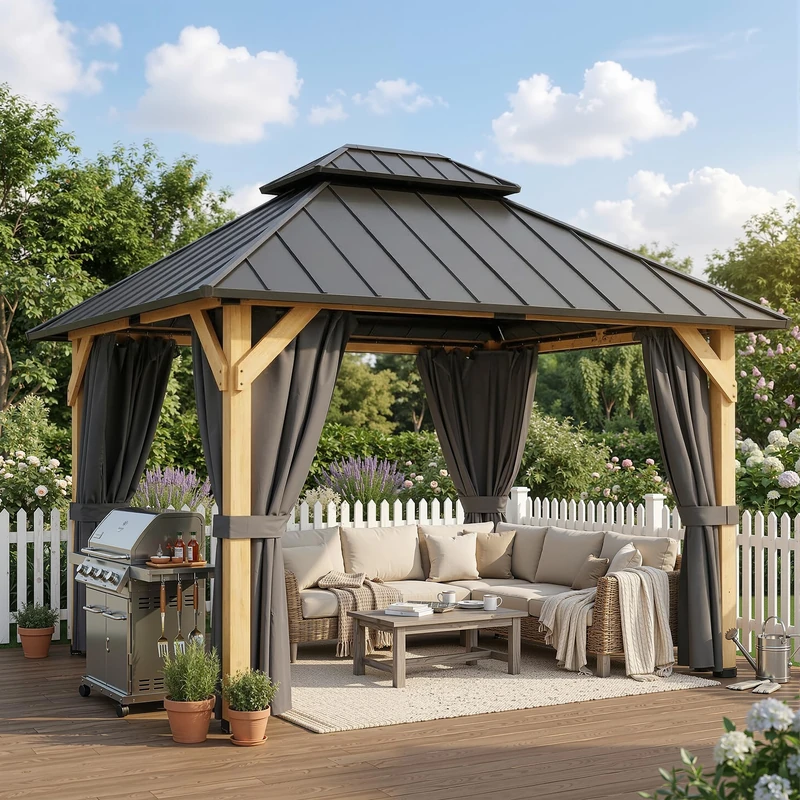 JUMMICO 3x3.6m Solid Wood Hardtop Gazebo, Double Roof with Curtains & Mosquito Netting, Natural Spruce Frame Galvanized Steel Top, 800kg Snow Load Capacity All-Weather for Patio Backyard Party