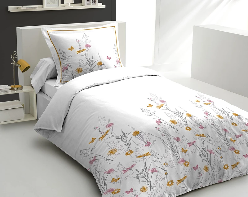 Home Linge Passion Duvet Cover Set 140 x 200 cm – 2 Pieces – Soft Cotton Percale – Duvet Cover + Pillowcase – White & Yellow – L'Insoumise Model