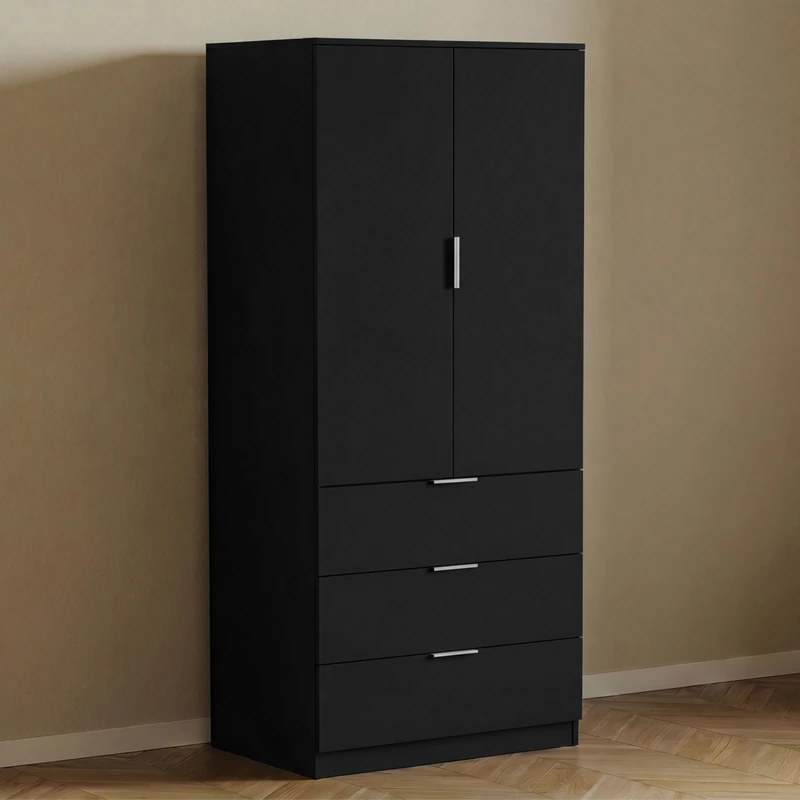 Vida Designs Trega 2 Door 3 Drawer Wardrobe | Black | Bedroom Furniture | 175H x 77W x 54D cm | With Storage Shelf & Hanging Rail | Large Capacity Storage