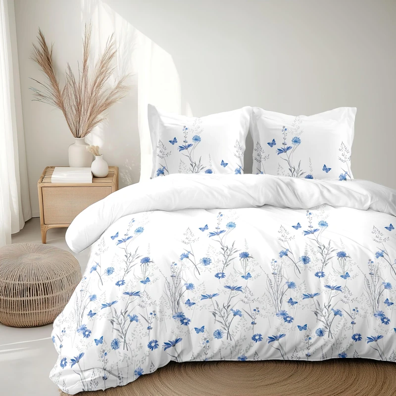 Home Linge Passion Duvet Cover Set 240 x 260 cm – 3 Pieces – Soft Cotton Percale – Duvet Cover + Pillowcase – White & Blue – L'Insoumise Model - Image 1