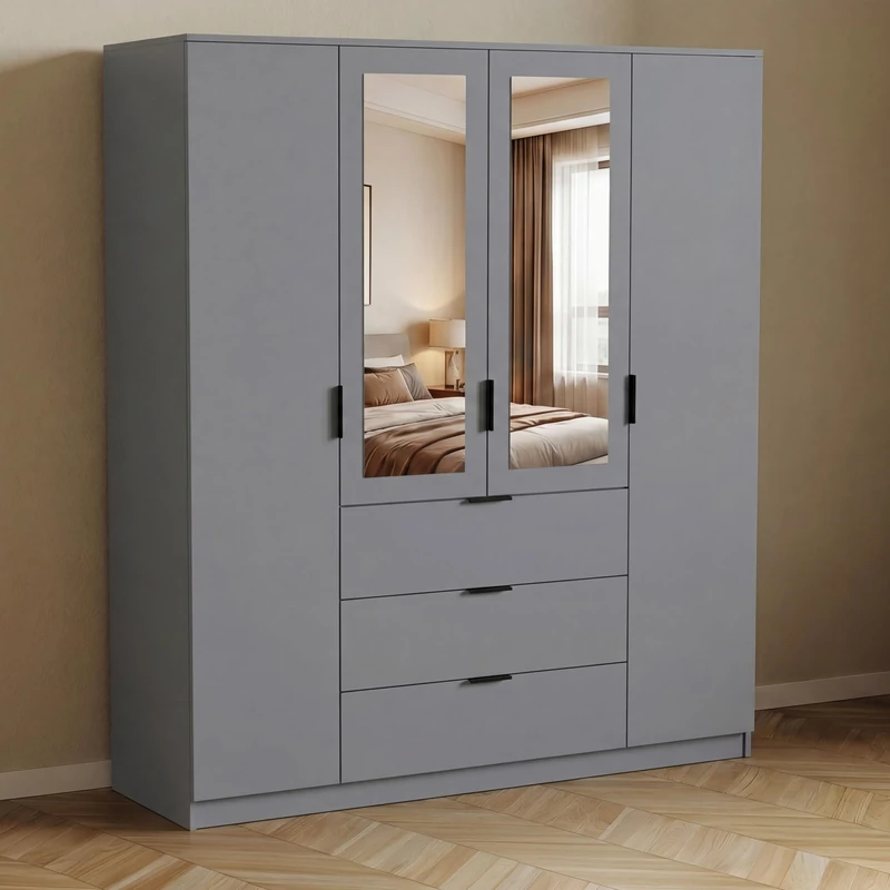 Vida Designs Trega 4 Door 3 Drawer Mirrored Wardrobe | Grey | Bedroom Furniture | 175H x 154W x 54D cm | With Storage Shelf & Hanging Rail | Large Capacity Storage