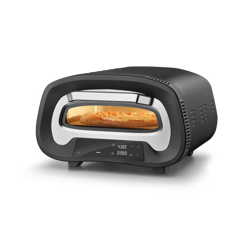 CASO Design PizzaChef 430° Indoor Pizza Oven, High-Temp 430°C Electric Pizza Oven, 8 Auto Programmes, Pizza Maker with Cordierite Stone & Paddle, Adjustable Top/Bottom Heat, 2200W, Black/Silver