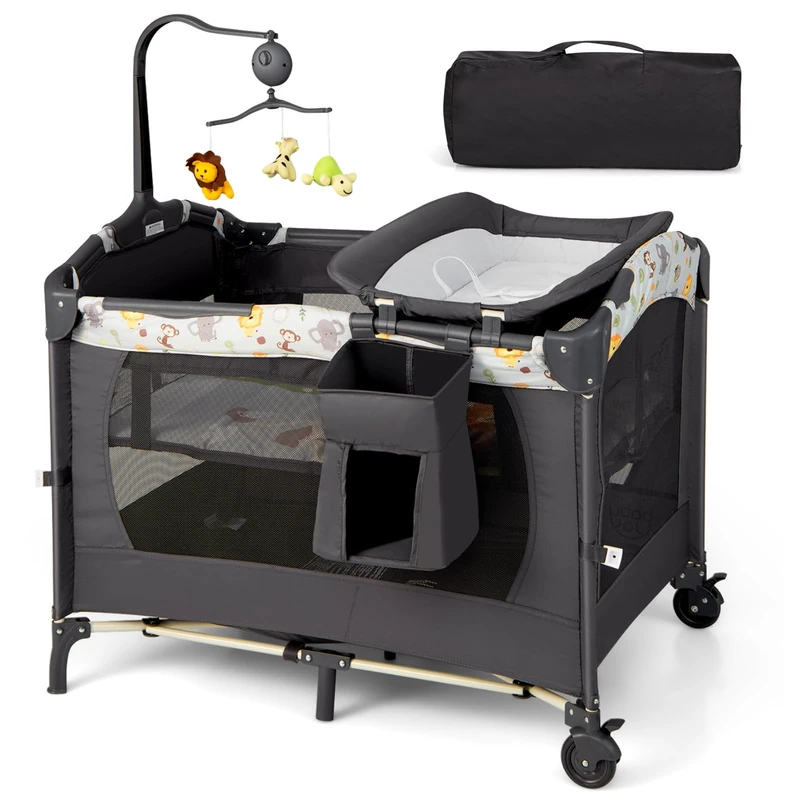 GYMAX Baby Travel Cot, 3 in 1 Bassinet Bed Activity Play Center with Changing Table, Music Box, Rotatable Toy Bar, Mattress and Carrying Bag, Portable Infant Playpen Entryway