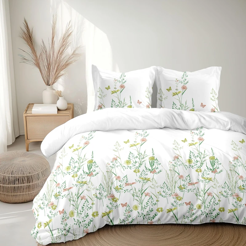 Home Linge Passion Duvet Cover Set 240 x 260 cm – 3 Pieces – Soft Cotton Percale – Duvet Cover + Pillowcase – White & Green – L'Insoumise Model - Image 1