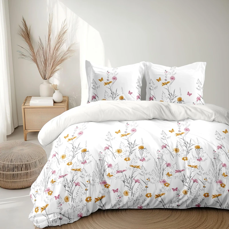 Home Linge Passion Duvet Cover Set 220 x 240 cm – 3 Pieces – Soft Cotton Percale – Duvet Cover + Pillowcase – White & Yellow – L'Insoumise Model - Image 1