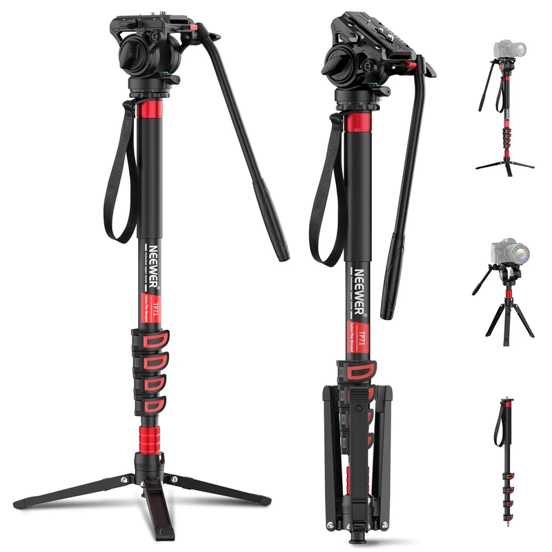 NEEWER Professional Camera Monopod with Feet, 74.8" Telescopic Portable Aluminum Travel Monopod with Pan Tilt Fluid Head & Removable Tripod Base for DSLR Camera Camcorder, Max Load 13.2lbs, TP78