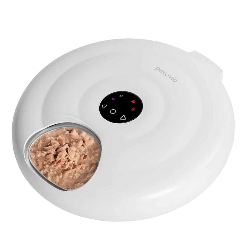 Peluvio Nube Cat Wet Food Feeder with Cooling, Wi-Fi Smart App and Manual Control, 6 Chambers of 150 ml, 4000 mAh Battery, Stainless Steel Bowl, Anti-Jam, Panel Lock